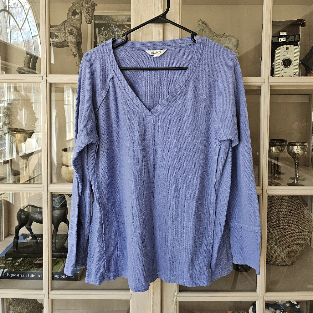 Wildfox Waffle Knit Haley Soft Brushed Top Periwinkle Long Sleeve V-Neck Top - Picture 5 of 13